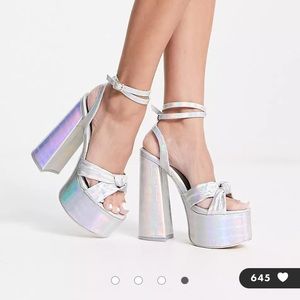 Public Desire Exclusive Leo platform heel sandals in Iridescent Croc Silver